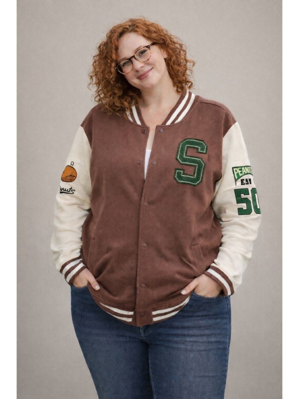 NEW Peanuts Snoopy Varsity Jacket Brown & Cream With Patches Womens Size 3X